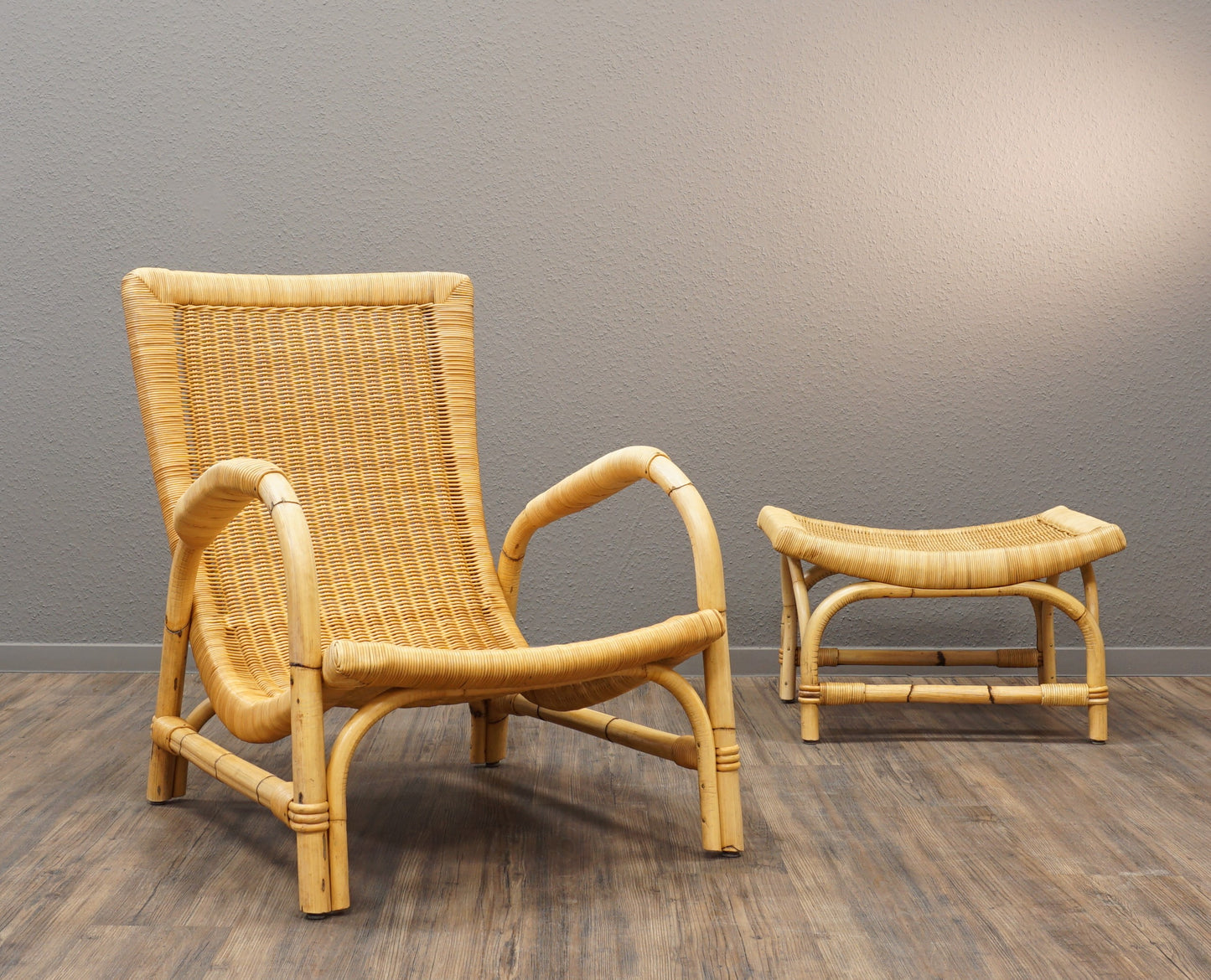 ARCO | Lounge Chair & Hocker | 60er Mid Century | Vintage Basket Rattan Sessel | Ottomane | Mid Century Vintage